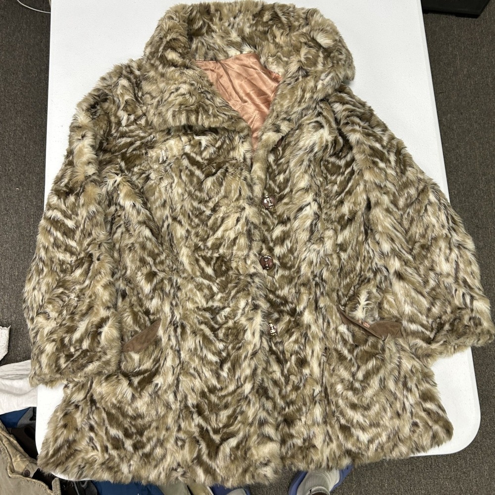 Unbranded Faux Fur Coat Women M Brown Cream Textured Animal Print Vintage Style